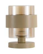 Searchlight Royal tafellamp met zandkleurige voet en zandkleurige metalen band om een cilindervormig amberkleurig ribbelglas