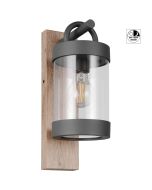 Trio Sambesi 204160135 wandlamp voor buiten met een rechthoekige houtkleurige wandplaat en antraciet grijze hangende cilindervormige kap met dag nacht sensor