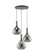 zwarte hanglamp Sander met een diameter van 50 cm en drie pendels met elk een druppelvormige kap van rookglas met een diameter van 25cm