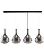 zwarte hanglamp Sander met een lengte van 124 cm en vier pendels met elk een druppelvormige kap van rookglas met een diameter van 25cm