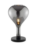 zwarte tafellamp Sander met een hoogte van 42 cm en een omgekeerd druppelvormige kap van rookglas met een diameter van 25cm
