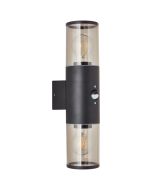 Brilliant Sergio 96474/63 mat zwarte cilindervormige wandlamp met opstaande en neerwaartse rook kleurig kunststof kap en bewegingsmelder
