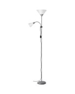 Brilliant Spari 93008/05 zilvergrijze uplighter met leeslamp en kappen van wit kunststof