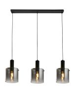 Searchlight Sweden hanglamp van 101cm lang met een zwarte plafondbalk en drie pendels met elk een cilindervormige ombre rookglazen kap