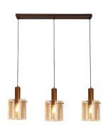 Searchlight Sweden hanglamp van 142cm lang met een zwarte plafondbalk en vier pendels met elk een cilindervormige rookglazen kap