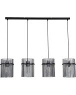 Searchlight Swizzle 55620-4SM hanglamp van 111cm in lengte met zwarte plafondbalk en vier pendels met ring van rookglazen staafjes met E27 edison lamp in het midden