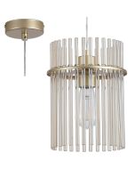 Searchlight Swizzle 55620CP hanglamp van 20cm in diameter met goudkleurige plafondplaat en pendel met ring van champagnekleurige glazen staafjes met E27 edison lamp in het midden