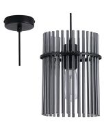 Searchlight Swizzle 55620SM hanglamp van 20cm in diameter met zwarte plafondplaat en pendel met ring van rookglazen staafjes met E27 edison lamp in het midden