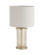 Searchlight Swizzle EU55623CP tafellamp van 40cm hoog met goudkleurige voet van een ring van champagnekleurige glazen staafjes en kap van wit textiel