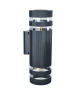 zwart geribbelde up en down wandlamp voor buiten van 19 cm hoog met twee transparante ringen per zijde