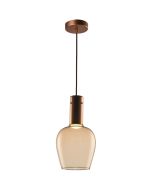 Freelight Toscana brons-goud kleurige hanglamp met cilindervormige fittinghouder en bolvormig amber glazen kap van 18cm in diameter