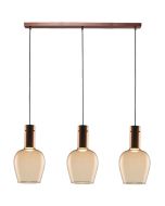 Freelight Toscana brons-goud kleurige hanglamp van 100cm lang met drie pendels met elk een cilindervormige fitting houder en bolvormig amber glazen kap van 18cm in diameter
