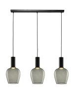 Freelight Toscana zwarte hanglamp van 100cm lang met drie pendels met elk een cilindervormige fitting houder en bolvormig rookglazen kap van 18cm in diameter