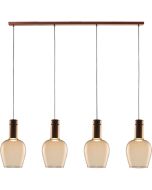 Freelight Toscana brons-goud kleurige hanglamp van 120cm lang met vier pendels met elk een cilindervormige fitting houder en bolvormig amber glazen kap van 18cm in diameter