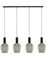 Freelight Toscana zwarte hanglamp van 120cm lang met vier pendels met elk een cilindervormige fitting houder en bolvormig rookglazen kap van 18cm in diameter