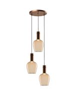 Freelight Toscana brons-goud kleurige hanglamp van 35cm in diameter met drie pendels met elk een cilindervormige fitting houder en bolvormig amber glazen kap van 18cm in diameter