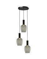 Freelight Toscana zwarte hanglamp van 35cm in diameter met drie pendels met elk een cilindervormige fitting houder en bolvormig rookglazen kap van 18cm in diameter