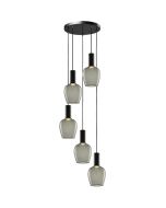 Freelight Toscana brons-goud kleurige hanglamp van 35cm in diameter met drie pendels met elk een cilindervormige fitting houder en bolvormig amber glazen kap van 18cm in diameter