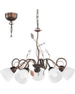Trio Traditio 110700528 roestkleurige kroonluchter met kristallen en vijf armen met kapjes van albast glas