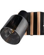 Reality Travia zwarte wandspot van 14,5 cm hoog met kiepschakelaar op het wandplaatje en houten latjes met rookglazen kapje