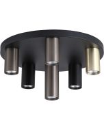 Searchlight Tubes 50570-6BK zwarte plafondplaat van 40cm met zes tubes van verschillende hoogten in messing zwart en brons met GU10 lamp