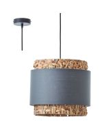 Brilliant Waterlilly 99826/22 hanglamp met zwarte pendel en ronde kap van waterhyacint met een band van grijs textiel