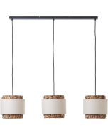 Brilliant Waterlilly 99827/09 hanglamp met zwarte plafondbalk en drie ronde kappen van waterhyacint met een band van wit textiel