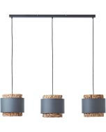 Brilliant Waterlilly 99827/22 hanglamp met zwarte plafondbalk en drie ronde kappen van waterhyacint met een band van grijs textiel