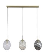 Searchlight Whirl 24141-3SB hanglamp met mat messing plafondbalk en drie pendels met ovaal gedraaid glazen kappen in helder, amber en rookglas