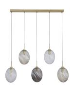 Searchlight Whirl 24141-5SB hanglamp met mat messing plafondbalk en vijf pendels met ovaal gedraaid glazen kappen in helder, amber en rookglas