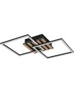 Reality Zaro zwarte plafondlamp van 59,5 cm lang met een vierkante plafondplaat met vijf houtkleurige balkjes en twee draaibare vierkante raamwerken met geïntegreerde LED
