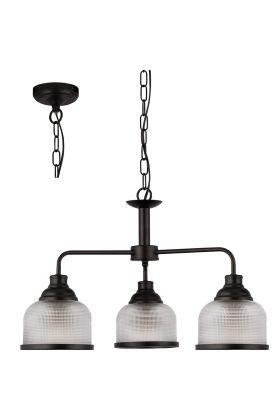 Searchlight Highworth 1683-3BK zwarte kroonluchter met holofaan glas
