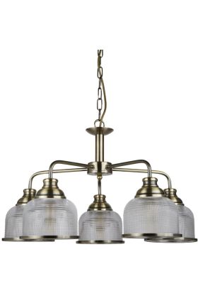 Searchlight Bistro 1685-5AB antiek bronzen kroonluchter met holofaan glas