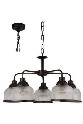 Searchlight Highworth 1685-5BK zwarte kroonluchter met holofaan glas