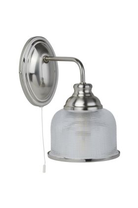 Searchlight Bistro 2671-1SS staal kleurige wandlamp met holofaan glas