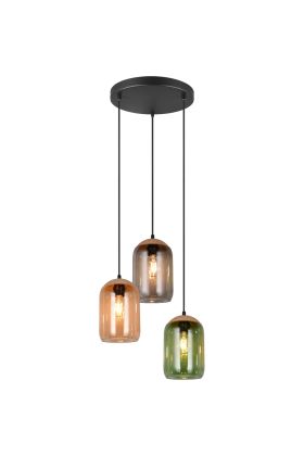 Trio Cork 364630317 amber, groen en rookglazen hanglamp