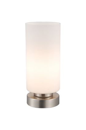 Brilliant Elmer 93076/05 tafellamp met stalen lampvoet en opaal cilindervormig glas, brandend