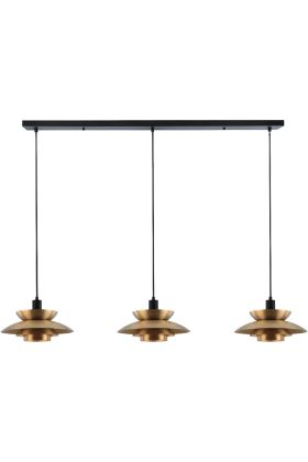 Freelight Muschio H3803BG zwarte langwerpige hanglamp met drie goudkleurige gelaagde kappen