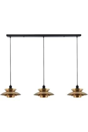 Freelight Muschio H3803BG zwarte langwerpige hanglamp met drie goudkleurige gelaagde kappen