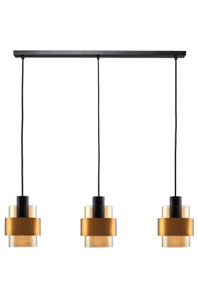 Freelight Chiasso H5103GD zwarte hanglamp met drie amber glazen kappen met goudkleurige band