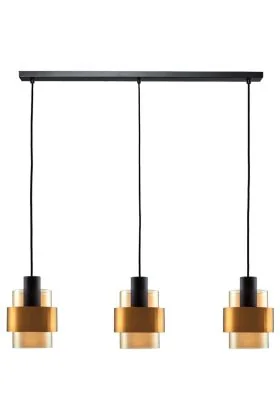 Freelight Chiasso H5103GD zwarte hanglamp met drie amber glazen kappen met goudkleurige band