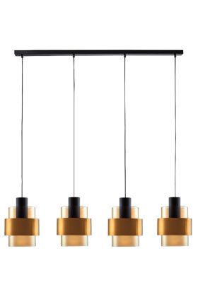 Freelight Chiasso H5104GD zwarte hanglamp met vier amber glazen kappen met gouden band