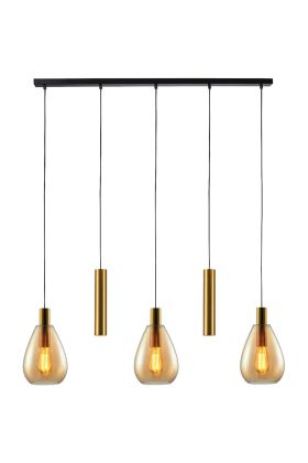 Freelight Dorato H2005A goudkleurige hanglamp met drie amber glazen kappen en twee GU10