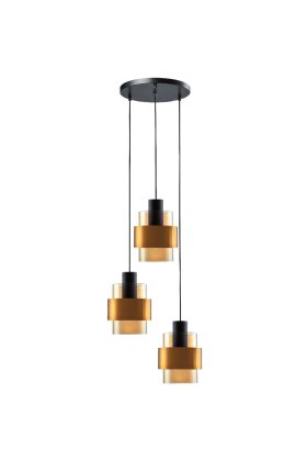 Freelight Chiasso PL5133GD zwarte hanglamp met drie amber glazen kappen met gouden band