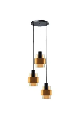 Freelight Chiasso PL5133GD zwarte hanglamp met drie amber glazen kappen met gouden band