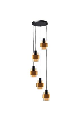 Freelight Chiasso PL5155GD zwarte hanglamp met vijf amber glazen kappen met goudkleurige band