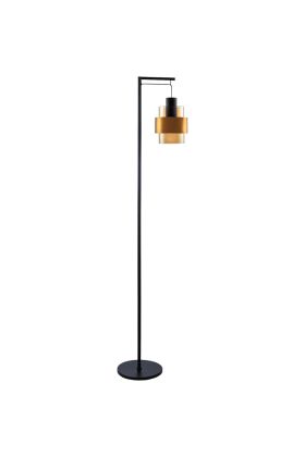 Freelight Chiasso S5101GD zwarte vloerlamp met hangende amber glazen kap met gouden band