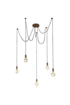 Trio Cord 310100562 hanglamp met koperkleurige plafondplaat met vijf pendels met elk een losse koperen plafondbevestiging en een koperen fitting voor E27 lampen