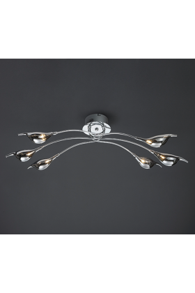 Trio 645810606 plafondlamp van chroom met zes armen en rookglazen druppelvormige kapjes