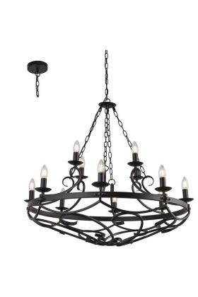 Searchlight Cartwheel zwarte kroonluchter met een diameter van 89cm in kasteelstijl met twaalf kaarslampen en diverse kettingen